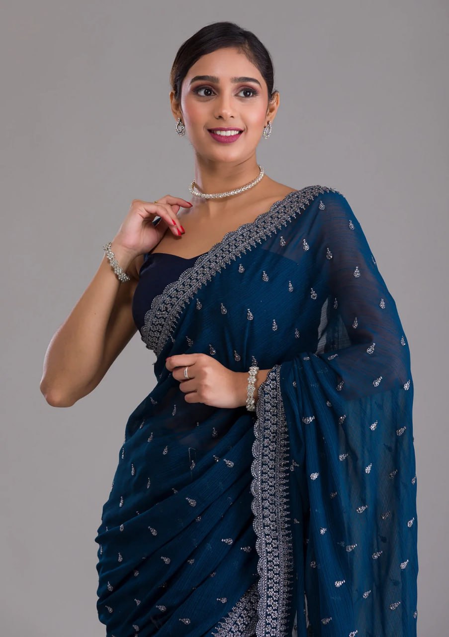 Elegant Blue Chinon Chiffon Saree With Intricate Embroidery - ETHNICDEAL