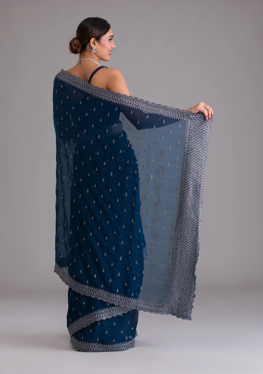 Elegant Blue Chinon Chiffon Saree With Intricate Embroidery - ETHNICDEAL