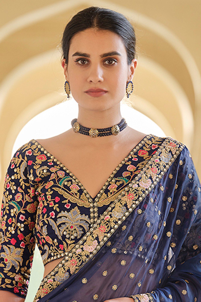 Elegant Charm – Blue Organza Saree with Zari, Thread & Sequins Work - ETHNICDEAL