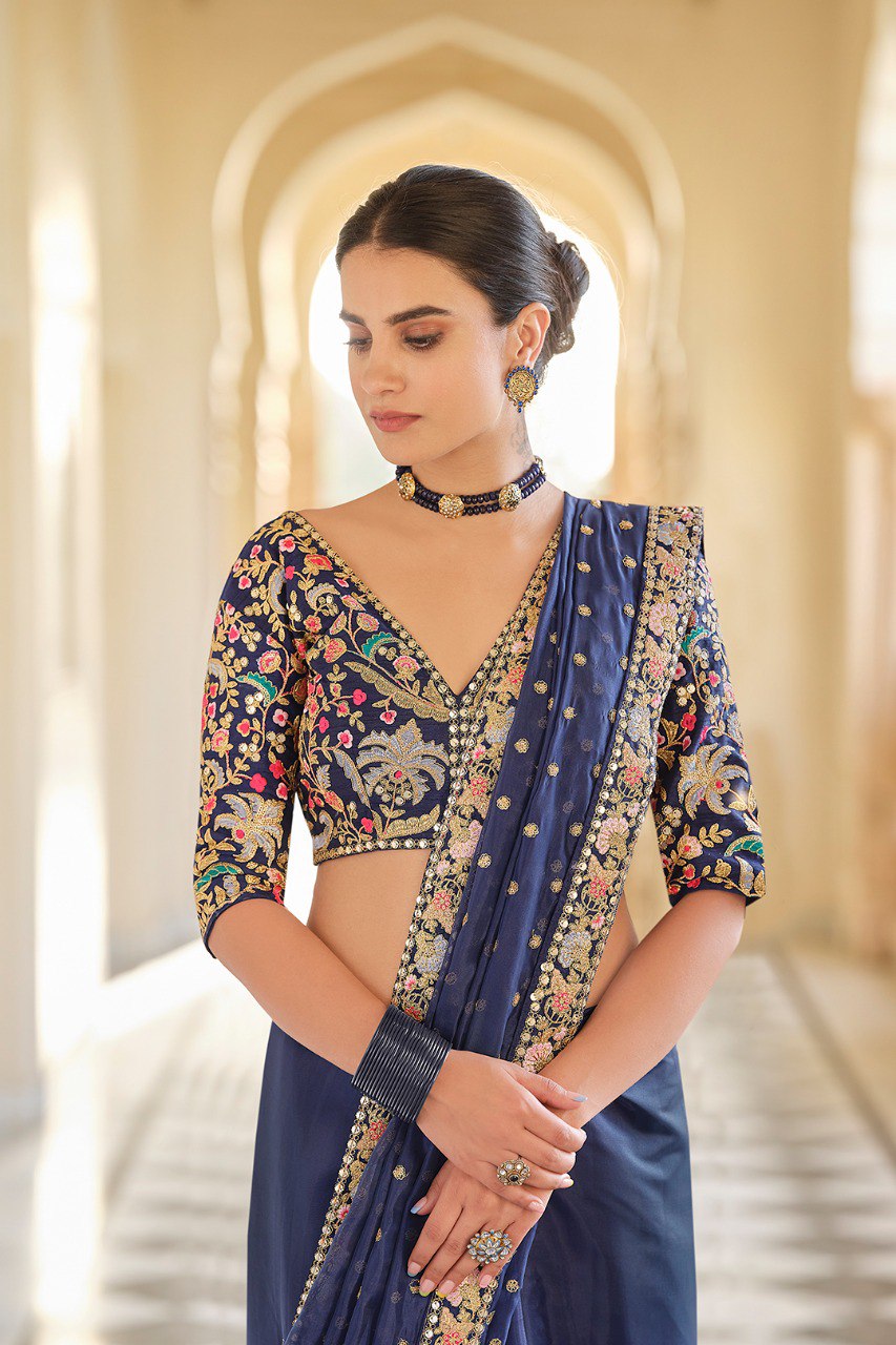 Elegant Charm – Blue Organza Saree with Zari, Thread & Sequins Work - ETHNICDEAL