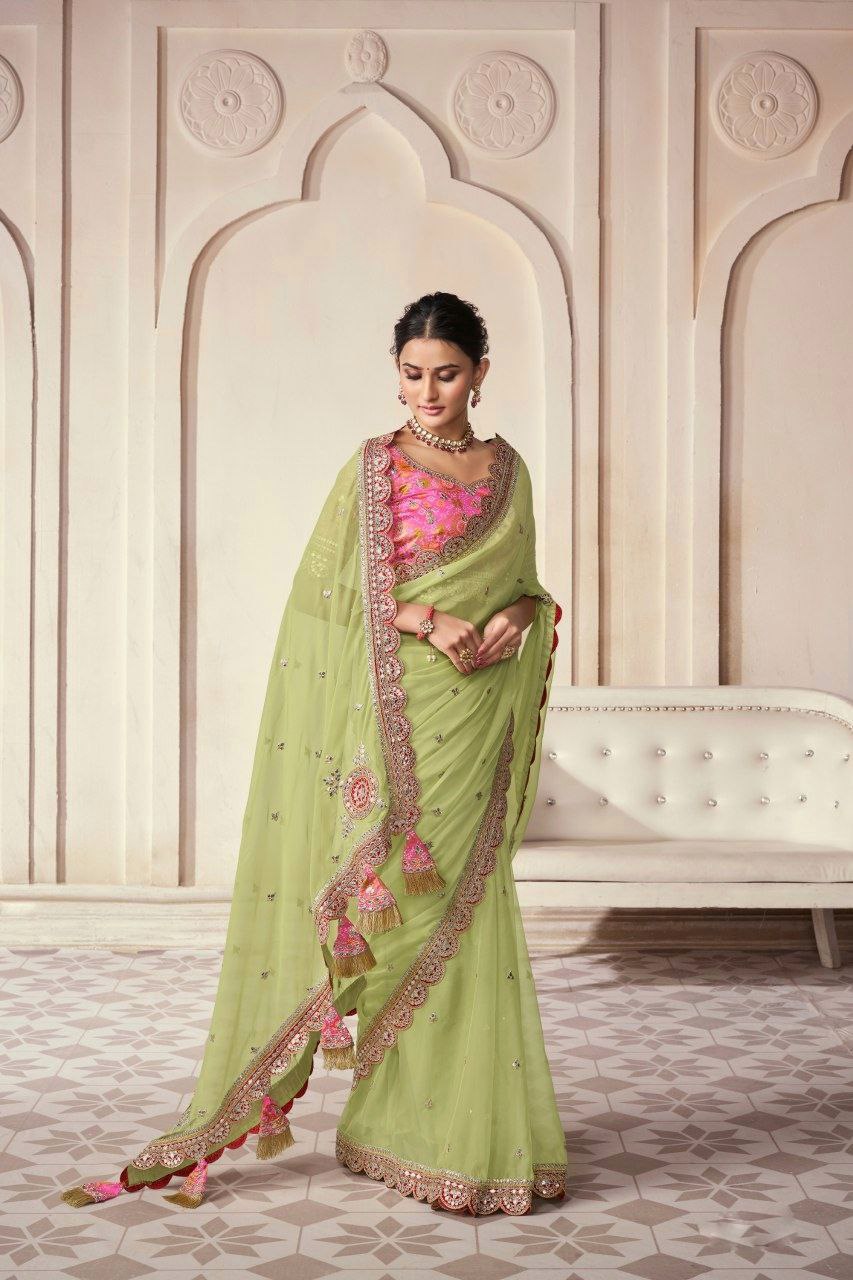 Elegant Green Organza Embroidered Saree - ETHNICDEAL