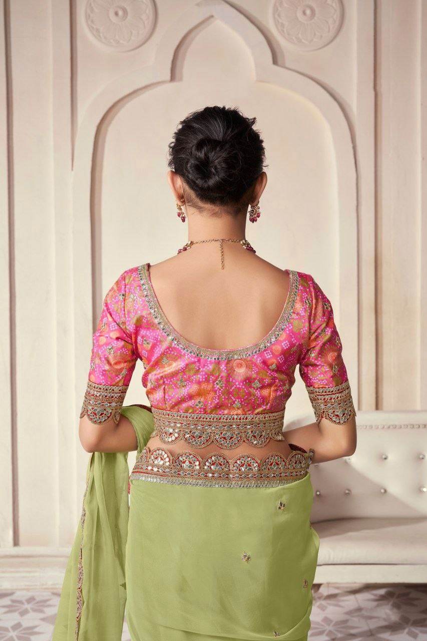 Elegant Green Organza Embroidered Saree - ETHNICDEAL