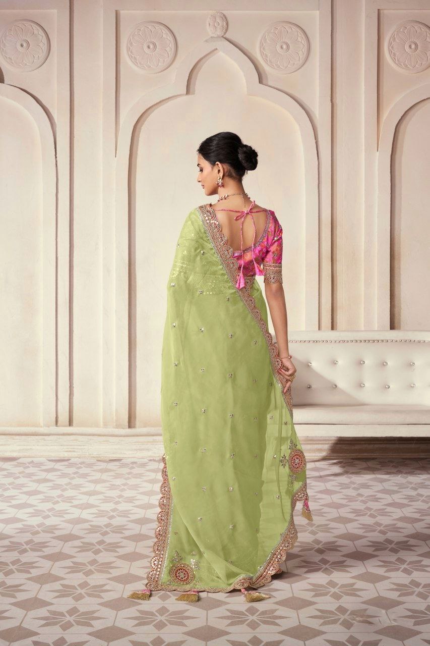 Elegant Green Organza Embroidered Saree - ETHNICDEAL