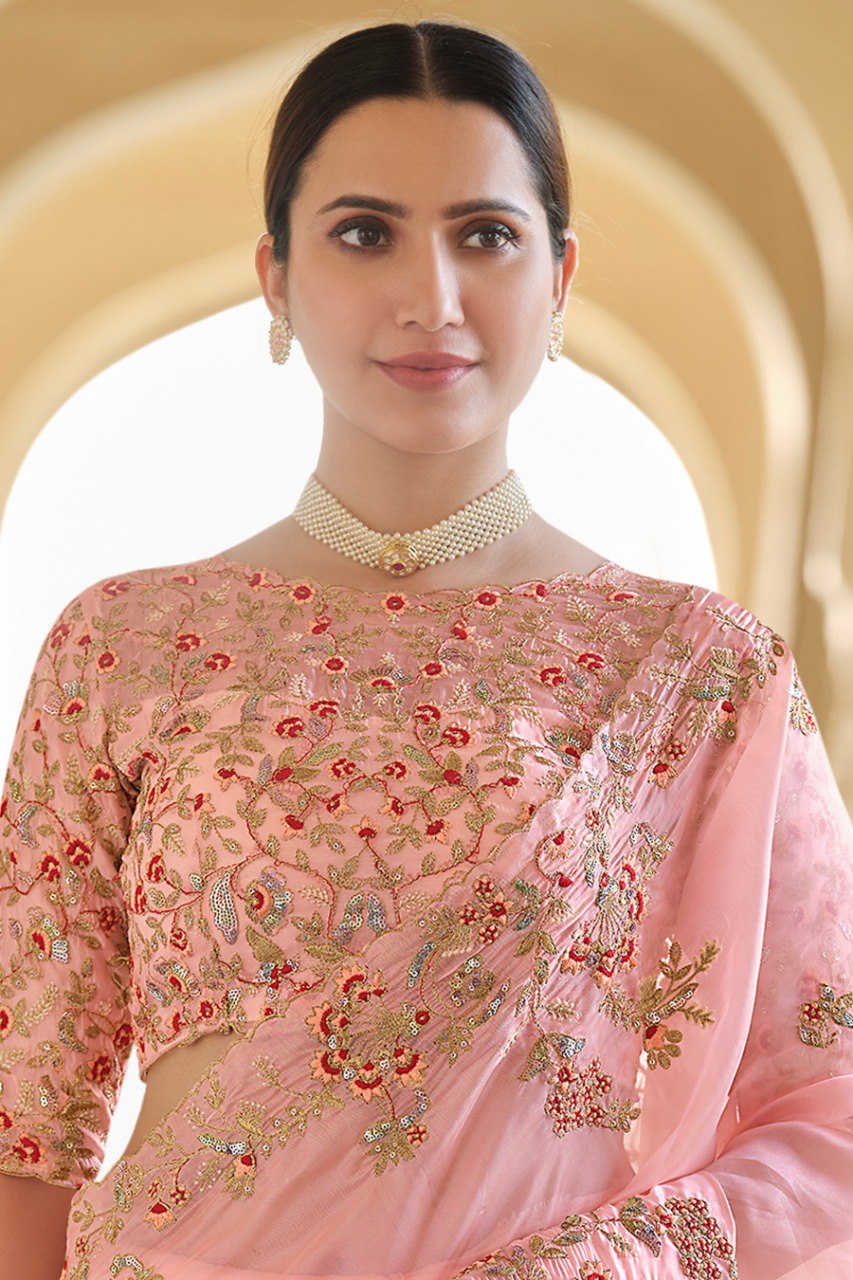 Grace in Peach – Organza Saree with Sequins, Zari & Thread Work - ETHNICDEAL