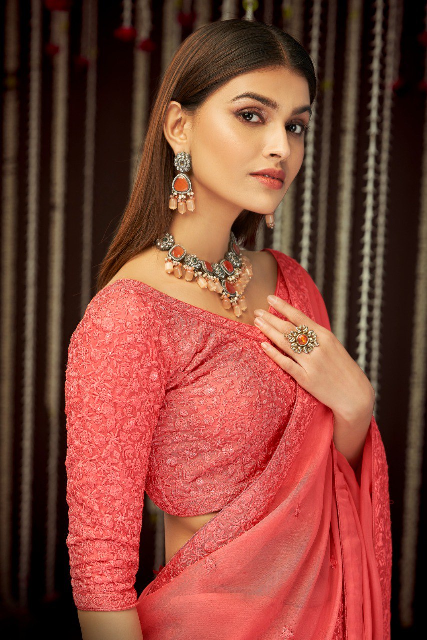 Grace in Peach Pink – Georgette Saree with Thread & Sequins Work - ETHNICDEAL