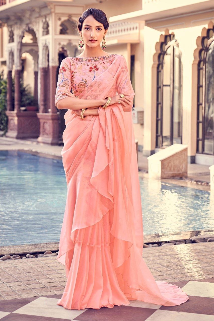 Graceful Peach Pink Organza Saree With Elegant Embroidery - ETHNICDEAL