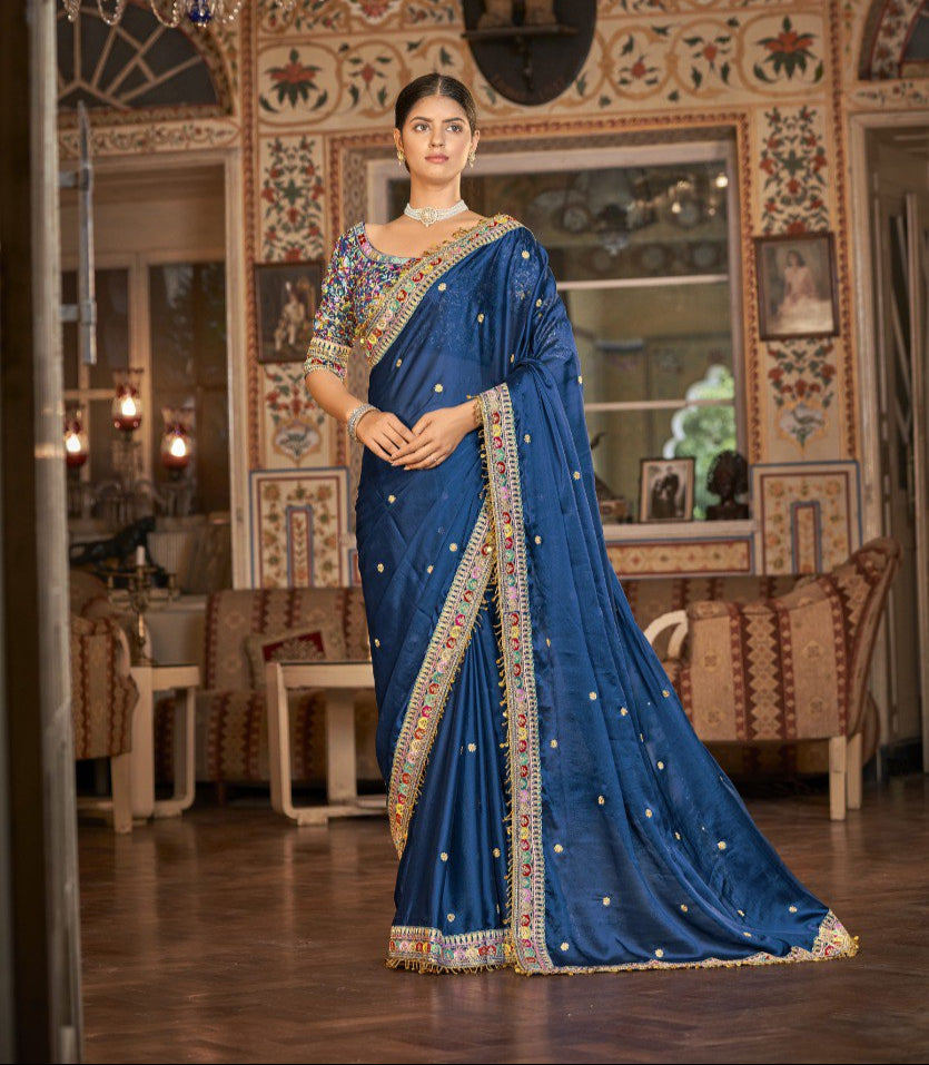Navy Blue Georgette Saree with Resham, Zari & Sequins Work - ETHNICDEAL