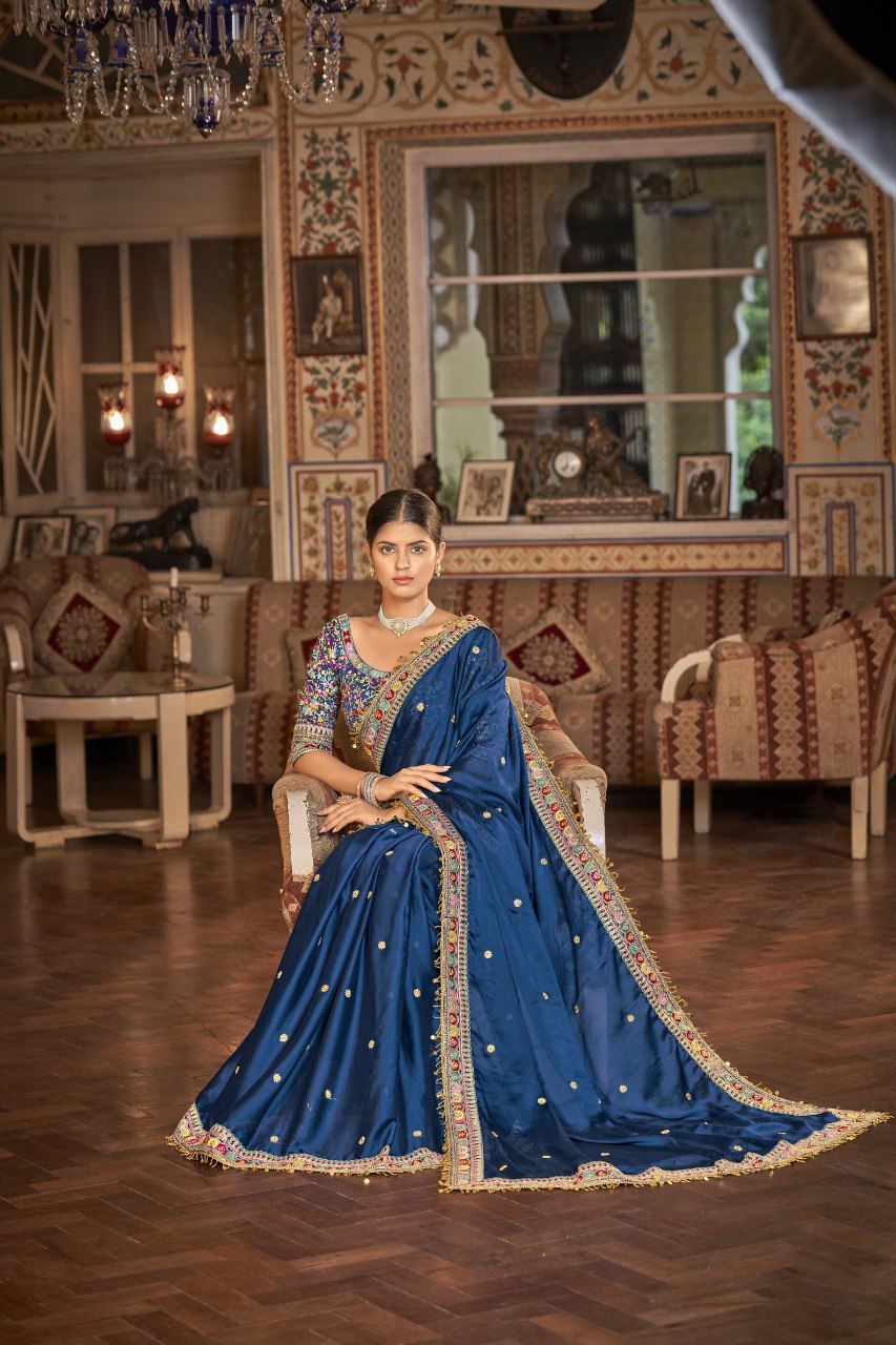 Navy Blue Georgette Saree with Resham, Zari & Sequins Work - ETHNICDEAL