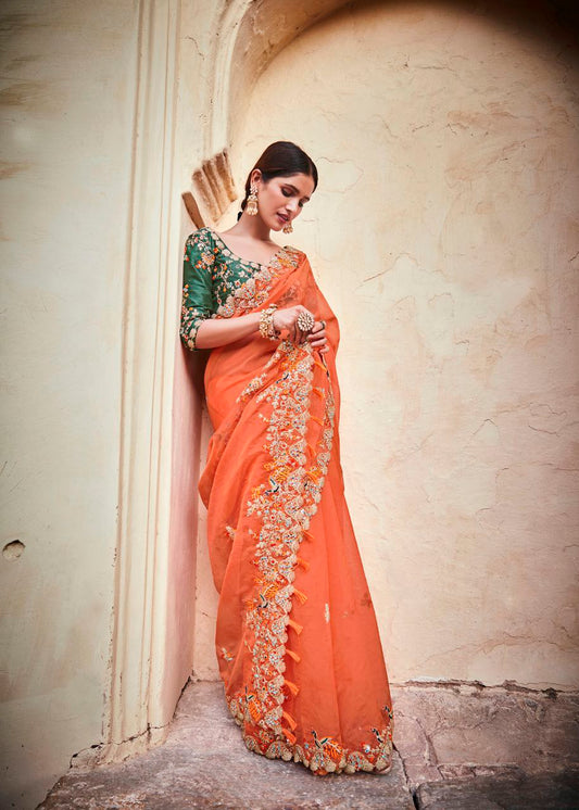 Orange Organza Saree with Real Mirror & Zari Work - ETHNICDEAL