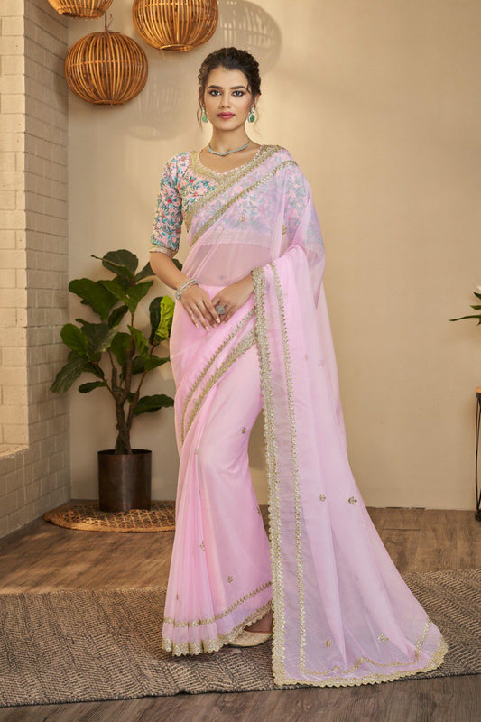 Pink Organza Saree With Resham & Zari Embroidery - ETHNICDEAL