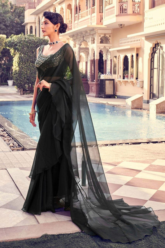 Stunning Black Organza Saree with Intricate Mirror & Embroidery Work - ETHNICDEAL