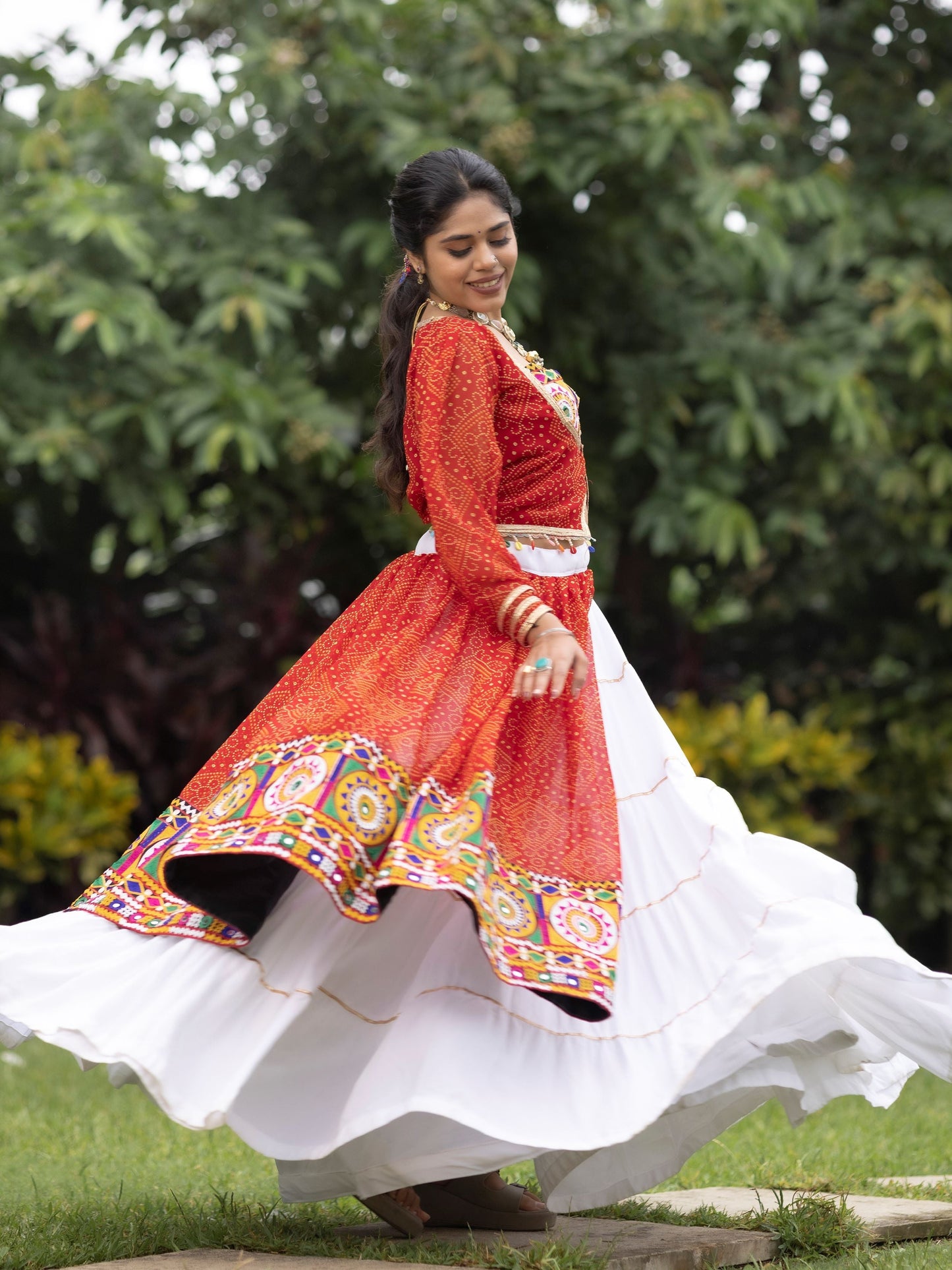 Regal White Rayon Bandhani Printed Navratri Wear Crop Top Lehenga