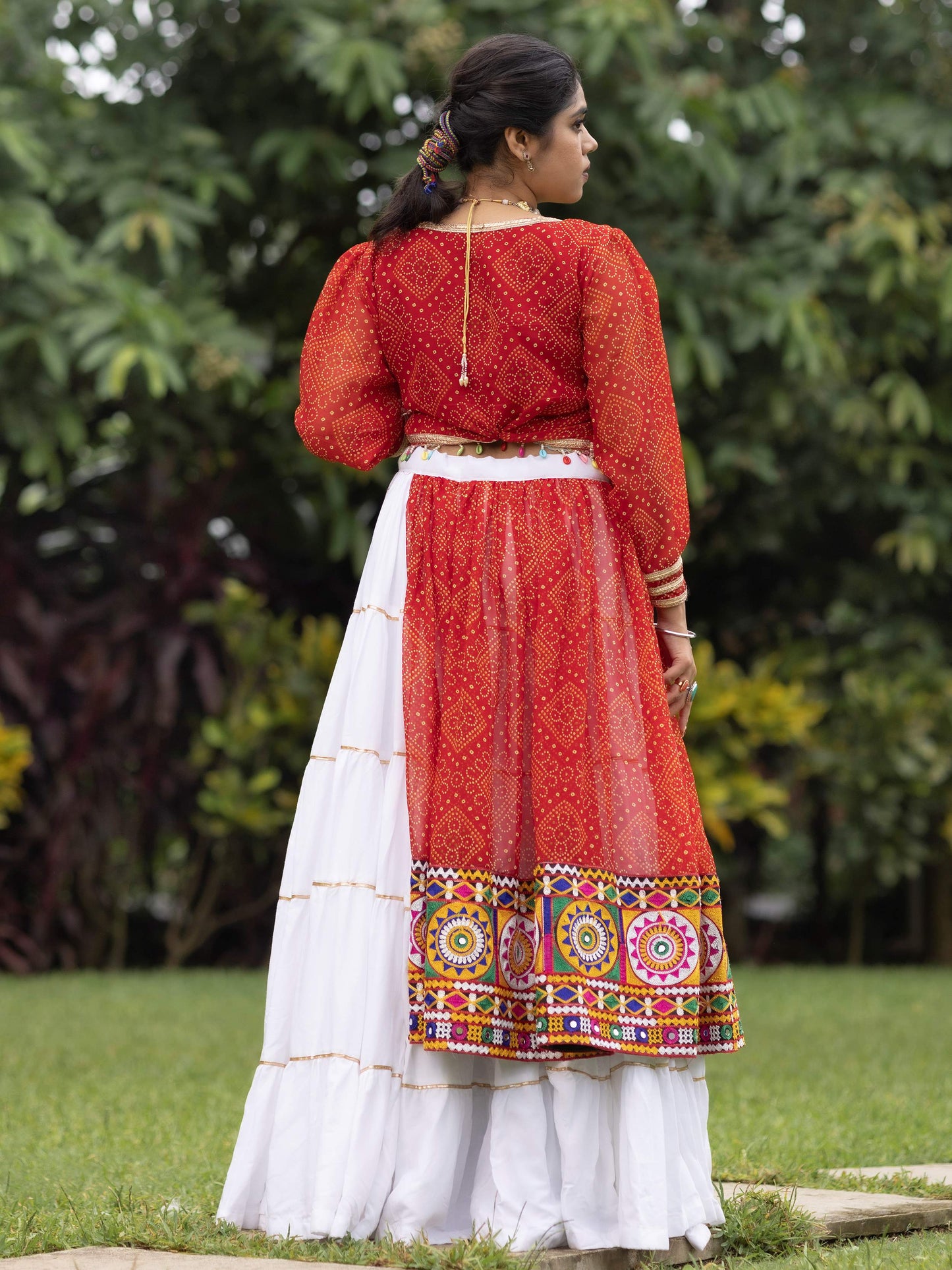 Regal White Rayon Bandhani Printed Navratri Wear Crop Top Lehenga